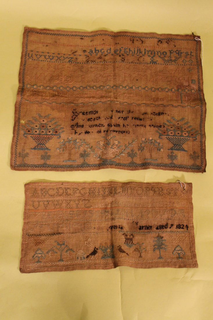 2 Early Samplers: Two well worn samplers, 1814 11 1/2" x 14, by Lucretia Warner aged 10, wife of Samuel Dwight Partridge, and 1824 6" x 12"
