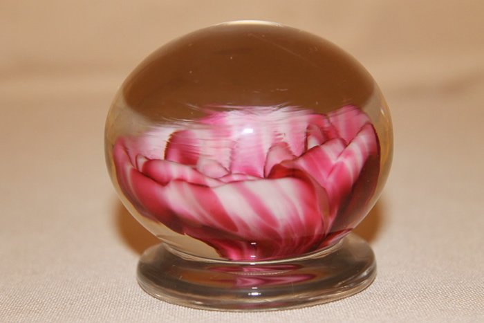 John Degenhart Footed Paperweight: Footed paperweight by John Degenhart, multi colored, red and white crimp rose, size is 2 3/4"