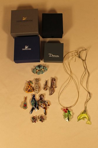 8 Brooch Pins, set of Earings, Ornament: 1. Swarovski Cocateau match earings, size is 3" earings 3/4", Swarovski Parrot pin, 3" Nettie Rosenstein shoe, 2 5/8" Cat, no maker 2 1/4" Floral enamel 2 1/2", Christopher Radko pear 1 5/8", Micro Mo
