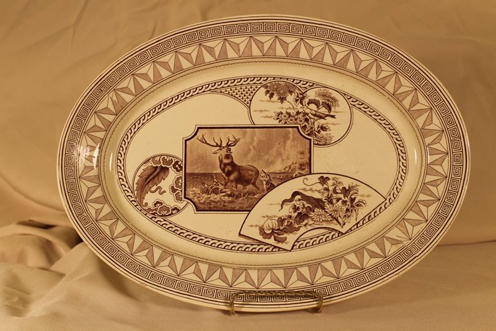 English Platter, J. D & C Warwick Platter: English platter by J. D & C Warwick brown and white platter w/elk in center of platter. Size is 16 x 11 1/2"