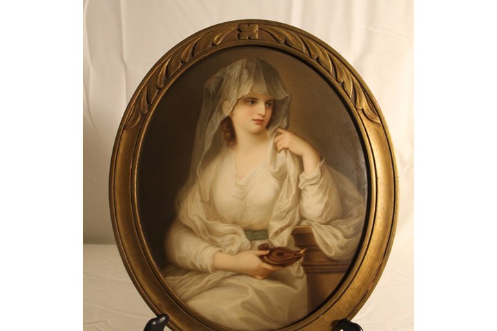 KPM Plaque, Lucerne Girl: Porcelain plaque signed KPM, Lucerne Girl, pencil signed on reverse J.J. Roger, and F 5. Size is 10 3/4" x 6"