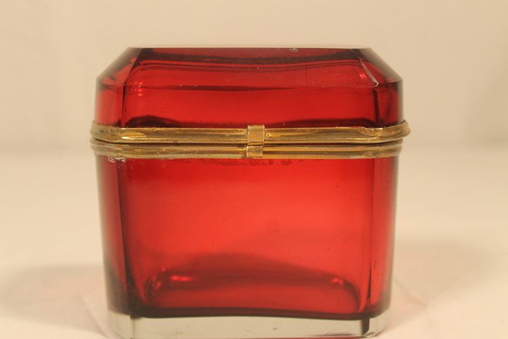 Cranberry Dresser Box: Cranberry dresser box with brass trim, size is 4 1/4" tall by