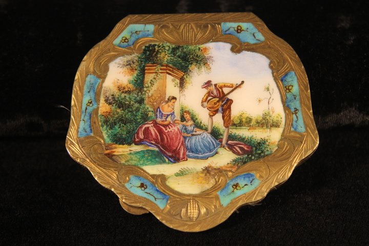 Austrian 800 Silver Compact: Austrian 800 silver compact with enamel and gilt cover of musician and two ladies. Size is 3" x 3"