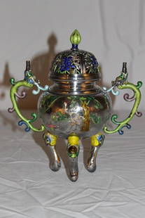 Chinese Censer, Silver & Enamel: Chinese silver and enamel Censer, Reticulated cover with enamel decoration, missing finials that insert into arms. Size is 9 1/4" tall and 8 1/2" handle to handle, weight is 15.800 ozt