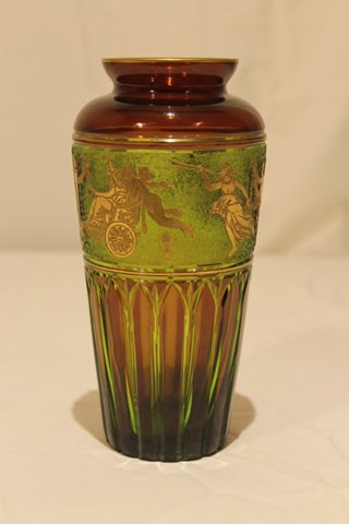 Moser Vase: Moser glass vase, 7 1/2" tall, amethyst/amber cut to green with gilded band of figures with chariots