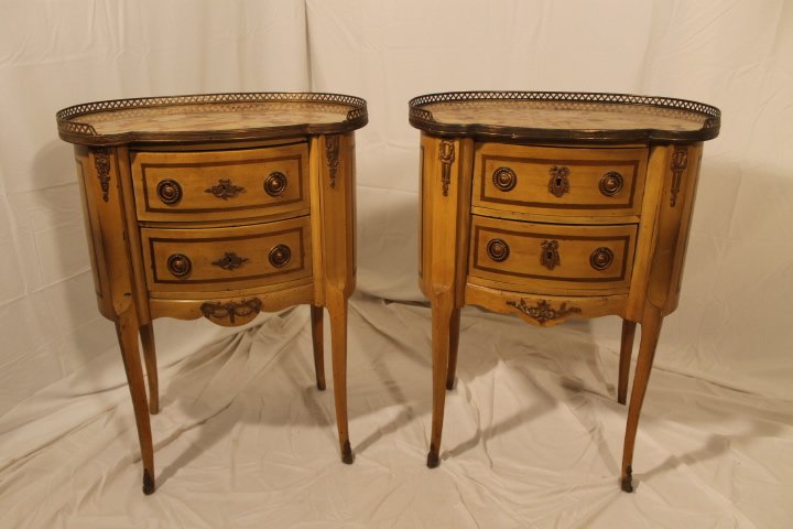 Pr. of Marble Top Stands: Pr. of kidney shaped pudding marble top stands with cabriole legs, brass gallery top, and ormalu trim, size is 31" tall x 24" length x 16"depth, stamped on back "Made in France"