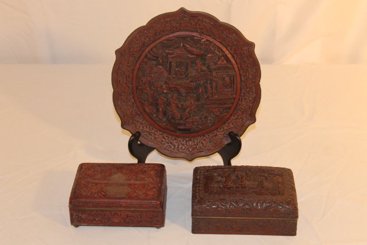 Three Pcs of Cinnebar: 1. Box, 5 3/4" x 4" marked China w/6 character mark, cinnebar over brass 2. plate, 9" cinnebar over brass 3. box, Cinnebar over brass 5" x 3 1/2" marked China