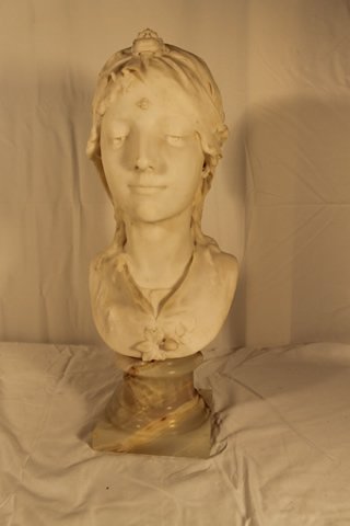 L. Morice Marble Bust: Ladies head white marble bust with alabaster base, signed L. Morice [Leopold Morice, French] Height is 21" tall