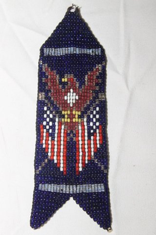 Native American Beadwork Watch Fob: Eagle with two flags, watch fob size is 5" long