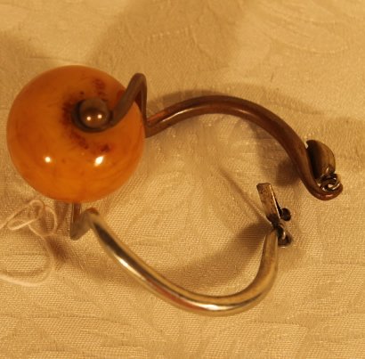 Los Castillo Taxco Bracelet: Copper and silverplated bracelet with large bead. Signed on clasp "Los Castillo Taxco 5" when open