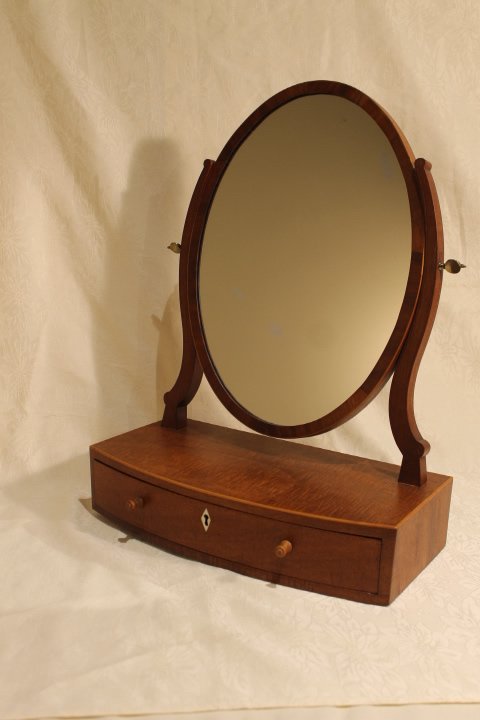 English Dresser Top Shaving Mirror Flaming Birch: English Dresser Top Shaving Mirror Flaming Birch. 18 1/2" tall by 15" wide. 3 compartment drawer with bone escutcheon