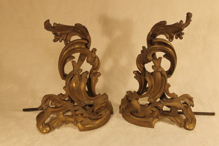 Brass Chenet Andirons: Brass chenet andirons numbered 2158. 15 1/2" tall by 11" wide at base