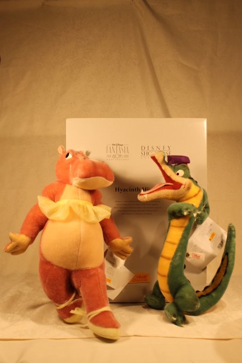Steiff Pcs. Hyacinth Hippo &Ben Ali Gator: 2 Steiff Pcs. Hyacinth Hippo & Ben Ali Gator 1. Ben Ali Gator, white tag, #332, 4.50" tall, no box 2. Hyacinth Hippo, white tag, # 332, in box with papers, 16.50" tall