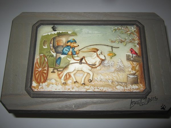 ANRI REUGE Music Box w/ Wood Carved Scene: ANRI REUGE Music Box w/ Wood Carved Scene. Box top designed by Lowell Davis. Scene of US Mail being delivered. ANRI box made by Ulrich Bernardi. Signed by Lowell Davis & Ulrich Bernardi. Plays "Countr