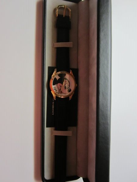 Disneyland Mickey Mouse Watch: Disneyland Mickey Mouse Watch with original art by Alex Maher. Inscribed "Bill Maher, 9/16/93. black leather band. Introduced at Disneyana Convention 9/18/93. COA