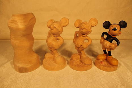 4 Stages of Mickey: Ulrich Bernardi signed Anri wood carvings from start to finished product, 6 1/2" tall