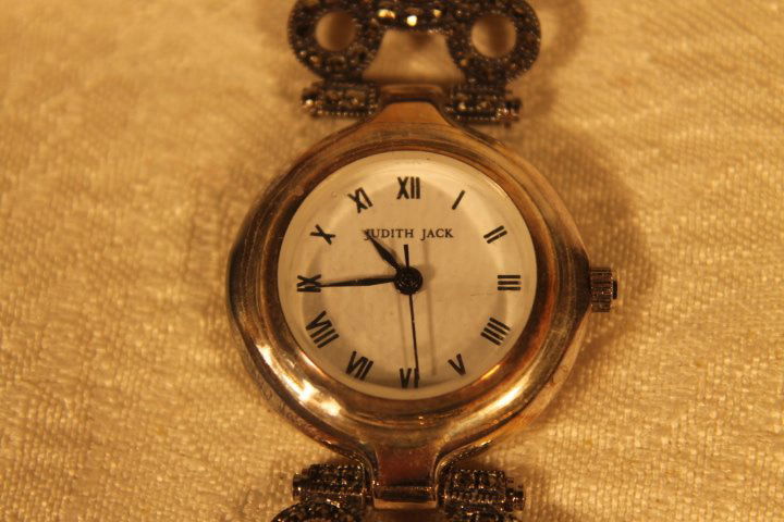 Judith Jack Watch: Judith Jack Watch. Disney ladies watch by Judith Jack in original box, unused. Sterling Mickey Mouse profiles with stones and leather band.