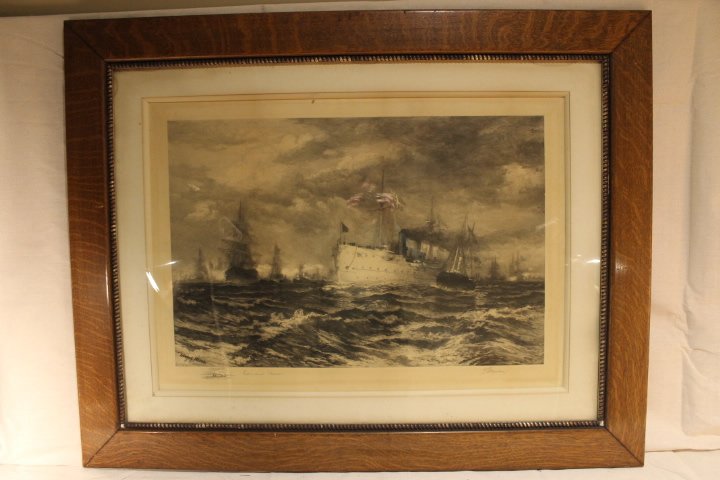 Thomas Moran, "The White Squadron" 1892: Engraving titled "The White Squadron" dated 1892, overall framed size is 36 1/2" x 46 1/2"