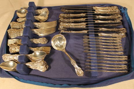 Francis Ist 85 pc Sterling Flatware Service: Reed & Barton 85 pc flatware service for 12, including 12 each dinner forks, salad forks, butter knives, dinner knives, soup spoons, 24 teaspoons, and 1 small ladle, never monogrammed. This set was re