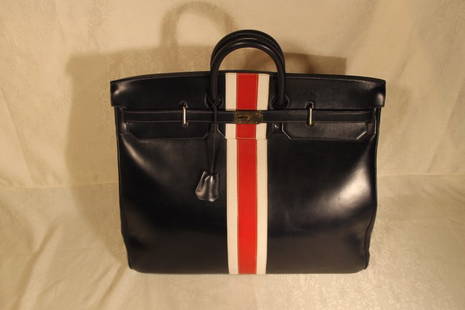 Hermes Mens Birkin 50 Travel Bag: Hermes Mens Travel Bag. Deep navy leather, red & white stripes Hermes Birkin 50 travel bag, Lock & key. Has date code stamped. Does have the lock and key