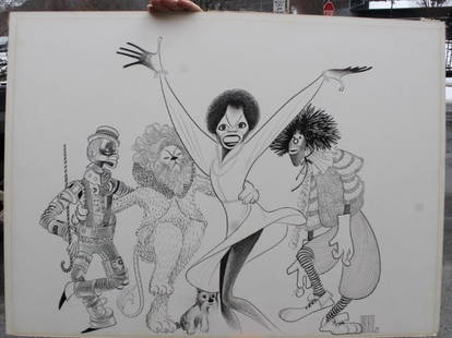 Al Hirschfeld Crow Quill pen and ink drawing "The Wiz": Al Hirschfeld Crow Quill pen and ink drawing, Size is 22 x 30" framed. Diana Ross "Wizard of Oz" done on Strathmore watercolor board, crescent 112 rough. This is guaranteed to be original.