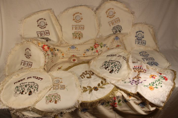 15 pcs Judaica Ceremonial Linens: Lot of 15 pcs. Including Judaica ceremonial linens and a crewel work tablecloth