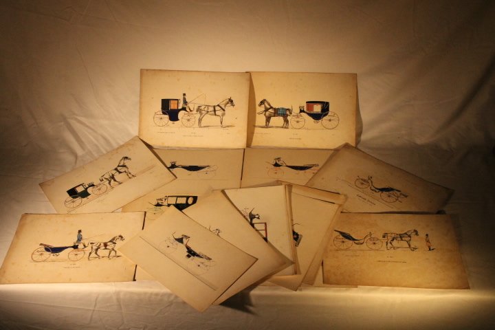 22 French Carriage Colored Lithos: 22 French carriage colored lithos, Brice Thomas, 164 Boulevard, Hausemann, Paris, sizes are 7 x 11, to 8 1/4" x 11
