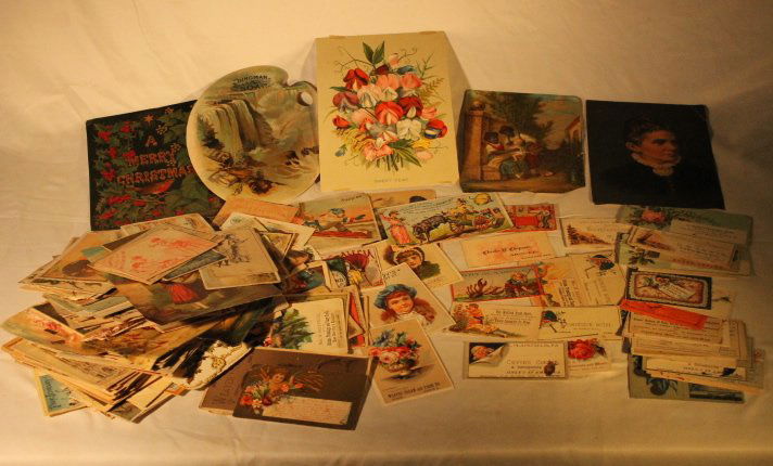 Box Lot of Over 100 Trade Cards: Trade card lot of various types, including soap, tea, state fair, newspaper, dyes,sasparilla, malt bitters, clarks, books, clothing, dentist, medical, herbs, games, organs, tonics, and other
