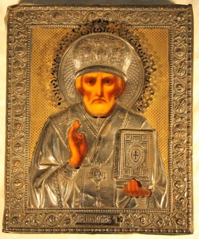 19th Century Russian Icon: Saint Nicholas orthodox Icon, size is 7" x 5 3/4", Oakclad tests silver