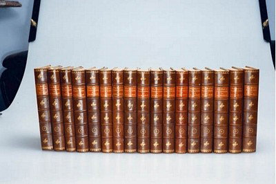 Arabian Nights in 17 volumes. German 1907. Illustr: Das Buch der Tausend Nachte und der einen Nacht Vienna E. W. Stern 1907 (Vol 2) to 1914 (Vol 18) All volumes in matching half leather with marbled boards. Raised bands and gilt to spine. Two plates in
