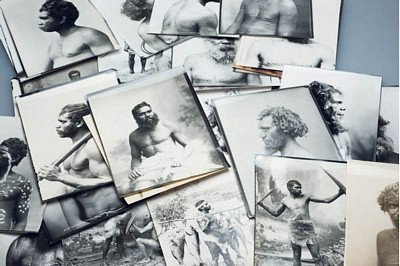 Photographs of Aboriginal Portraits and Dramatised: Twelve photographs as well as five real photograph postcards and thirteen proof pages Images show Aboriginal men painted for war, holding spears and shields as well as images of scarification on their