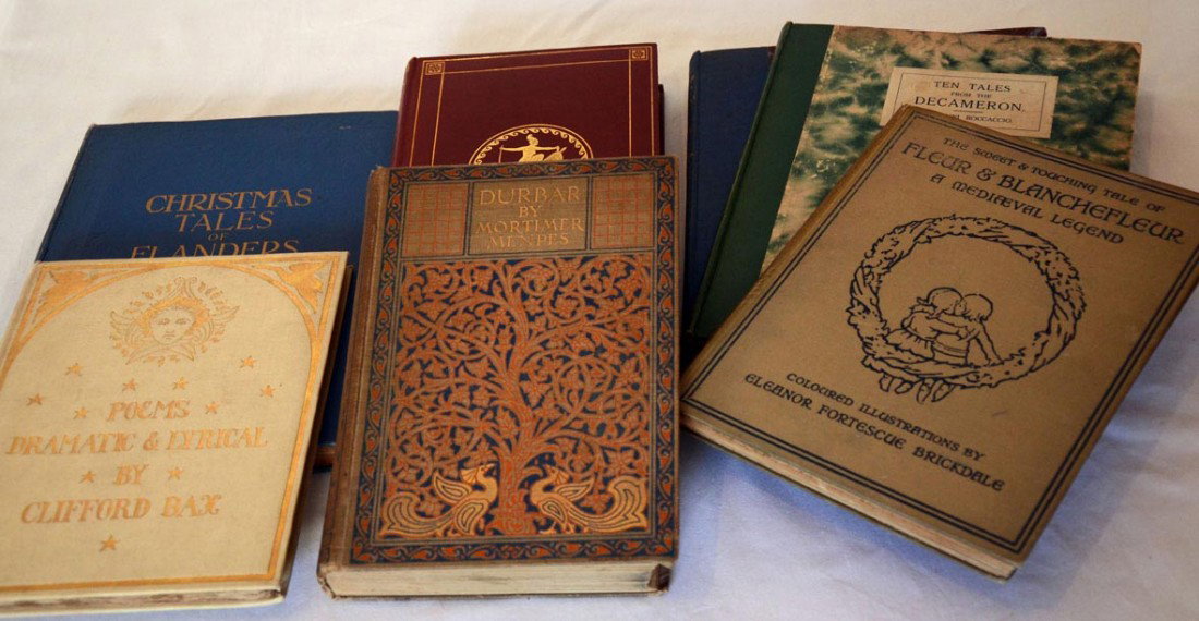English Illustrated Lot x 7: 1) Christmas Tales of Flanders illustrated by Jean de Boschere 2) The Modern Rake's Progress words by Rebecca West Paintings by David Low 3) Poems Dramatic and Lyrical by Clifford Bax 4) Ten Tales Fro