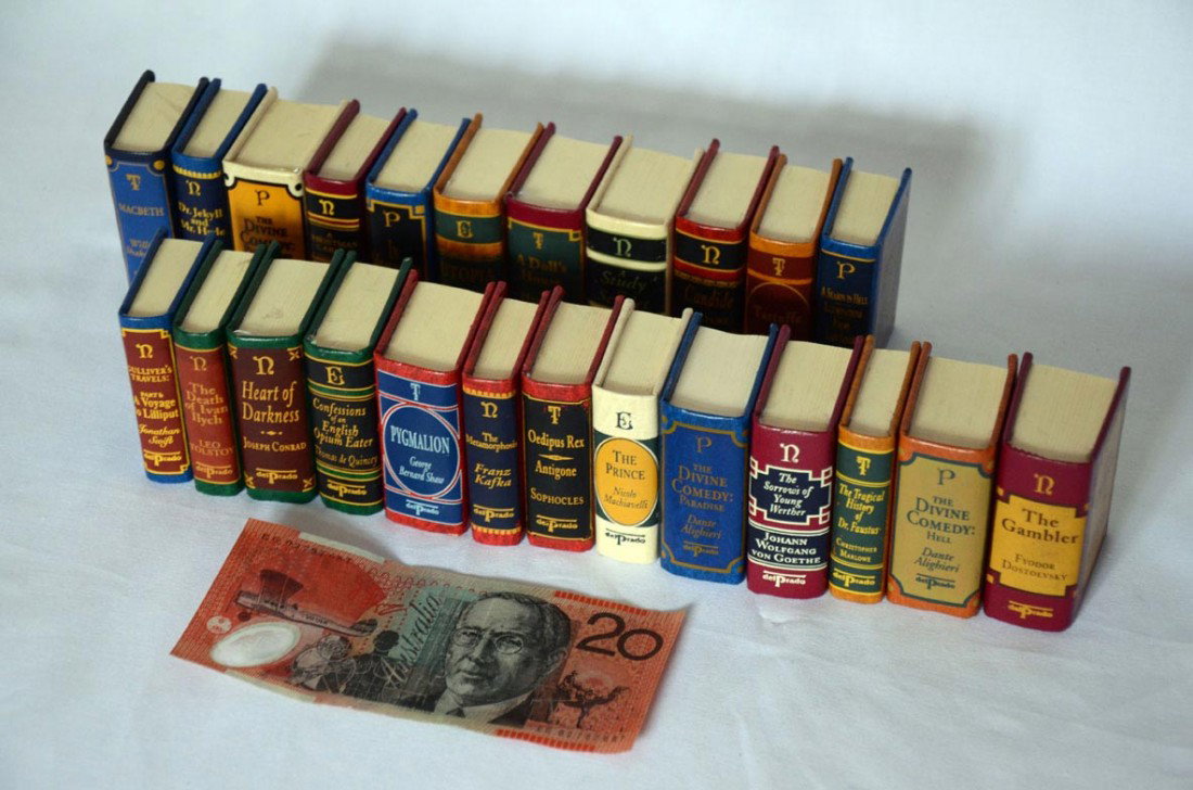Set of 24 Miniature Books: A modern set of miniature books (6.5 x 5.5 cm) Twenty four volumes of classics including Tolstoy, Kafka, Goethe, Tennyson Dostoevsky, Shakespeare, Dante, Voltaire. 2003. All in full leather and in fin