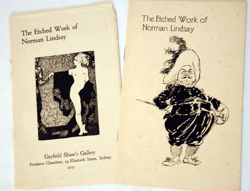 Norman Lindsay Etched Work: Etched Work of Norman Lindsay. Sydney. Gayfield Shaw's Gallery. 1919. Along with The Etched Work of Norman Lindsay. Melbourne. The Fine Art Society. 1926. Both 8 pages and in original wrappers. Isle o