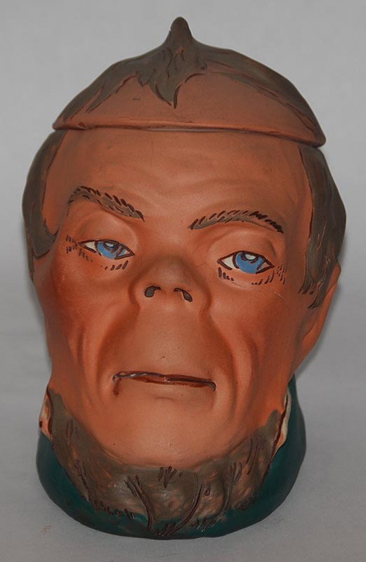 Weller Pottery Dickens Ware The Irishman Humidor: RARE, lWeller Pottery Dickens Ware Irishman humidor. There is a small and shallow chip under the lid and a u shaped starting near his lip on the right side going under the chip and up the left side of