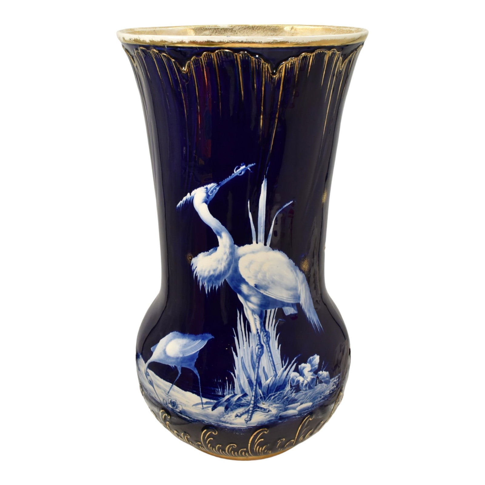 English Ironstone Art Pottery Blue Gold Accented Cranes Ceramic Umbrella Stand (1 of 6)