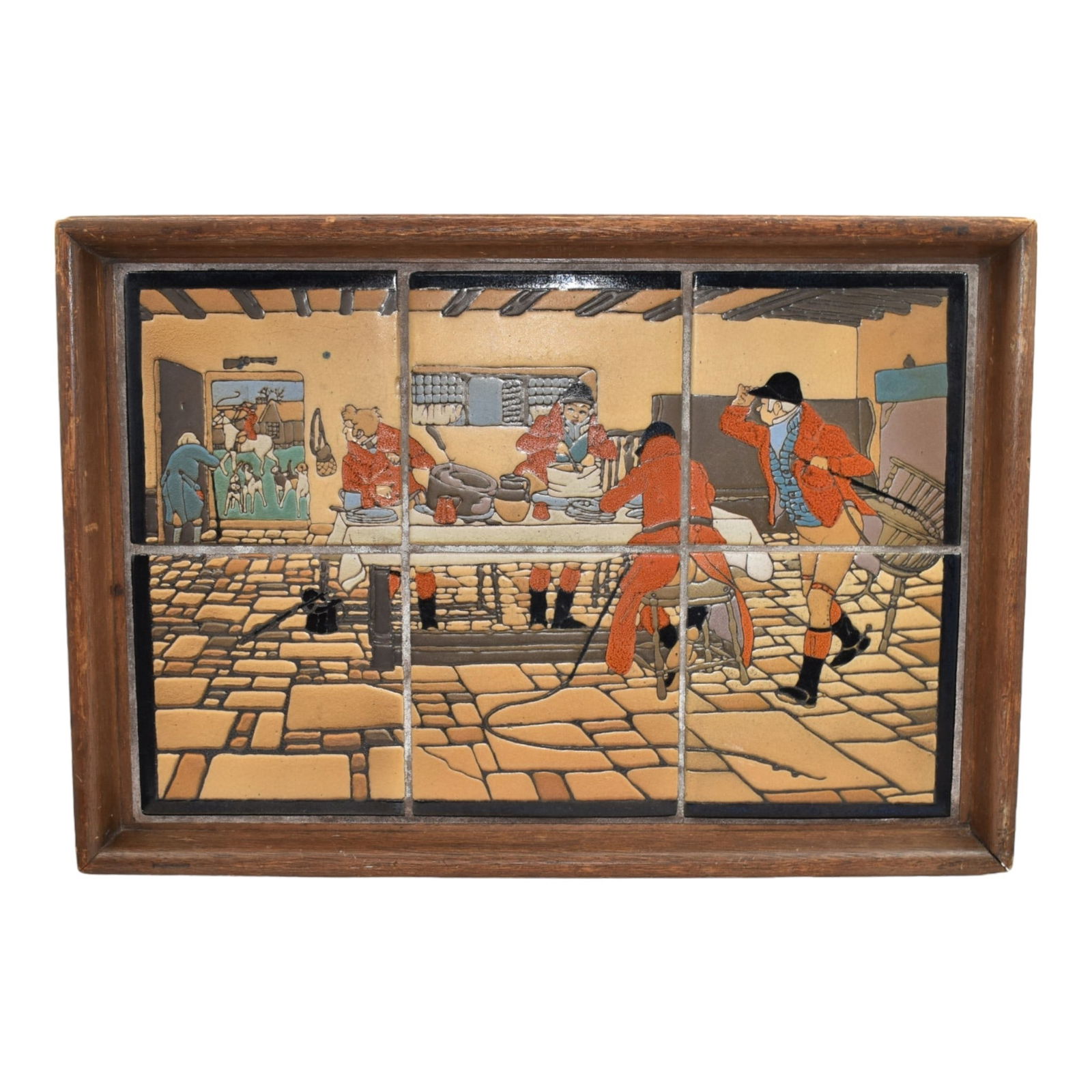 Taylor Tilery California Vintage Art Pottery Hunting Scene Ceramic Framed Tiles: Taylor Tilery California Vintage Art Pottery Hunting Scene Ceramic Framed Tiles Large and decorative framed group of six tiles depicting a scene after Cecil Aldin's "Breakfast at Tree Pigeons" from th