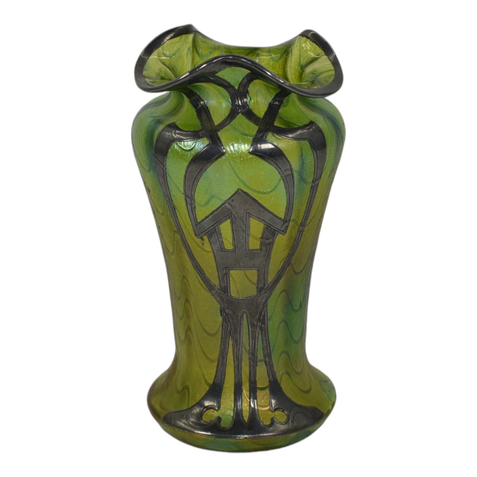 Loetz Art Glass Vintage Iridescent Green Glass With Silver Metal Overlay Vase: Loetz Art Glass Vintage Iridescent Green Glass With Silver Metal Overlay Vase Nice form with great design and color. Excellent original condition. No chips, cracks, damage or repair of any kind. Vase