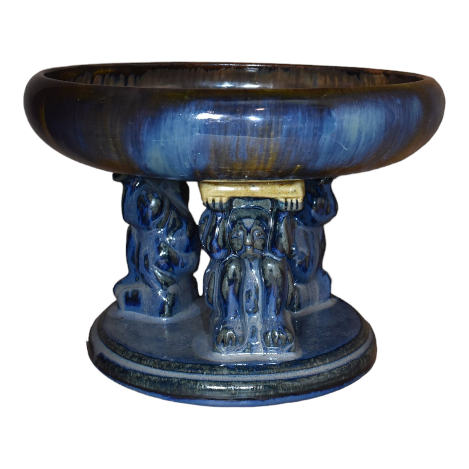 Fulper 1909-17 Vintage Arts And Crafts Pottery Blue Brown Flambe Effigy Bowl 438: Fulper 1909-17 Vintage Arts And Crafts Pottery Blue Brown Flambe Effigy Bowl 438. Superior color and glaze on this highly sought after and very decorative form.. Shows well with a small repair to the 