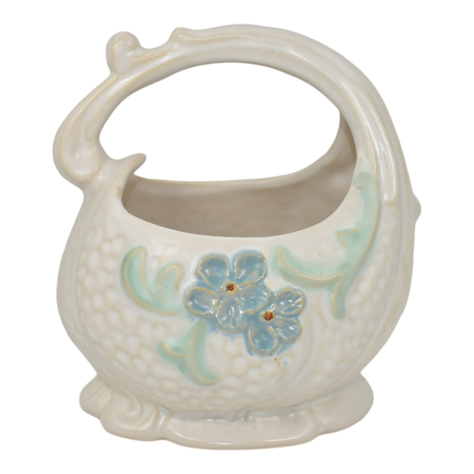 Weller Delsa 1930s Vintage Art Deco Pottery Blue Flower White Ceramic Basket (1 of 6)