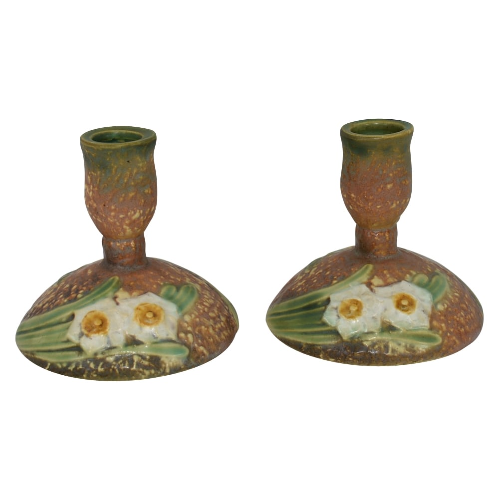 Roseville Jonquil 1931 Vintage Art Pottery Brown Ceramic Candle Holders 1082-4 (1 of 6)