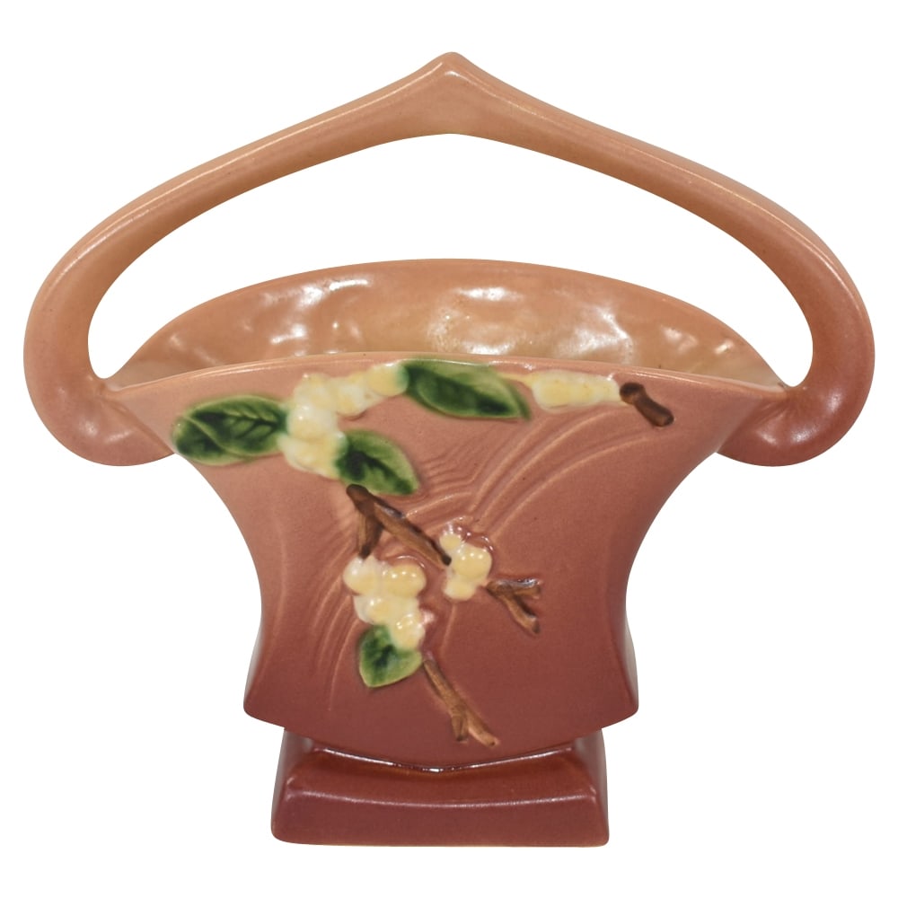 Roseville Snowberry 1947 Mid Century Modern Pottery Pink Ceramic Basket 1BK-7: Roseville Snowberry 1947 Mid Century Modern Pottery Pink Ceramic Basket 1BK-7. Pretty pink basket. Good, mold, color and glaze..Excellent condition. No chips, cracks, damage or repair of any kind.. Bo