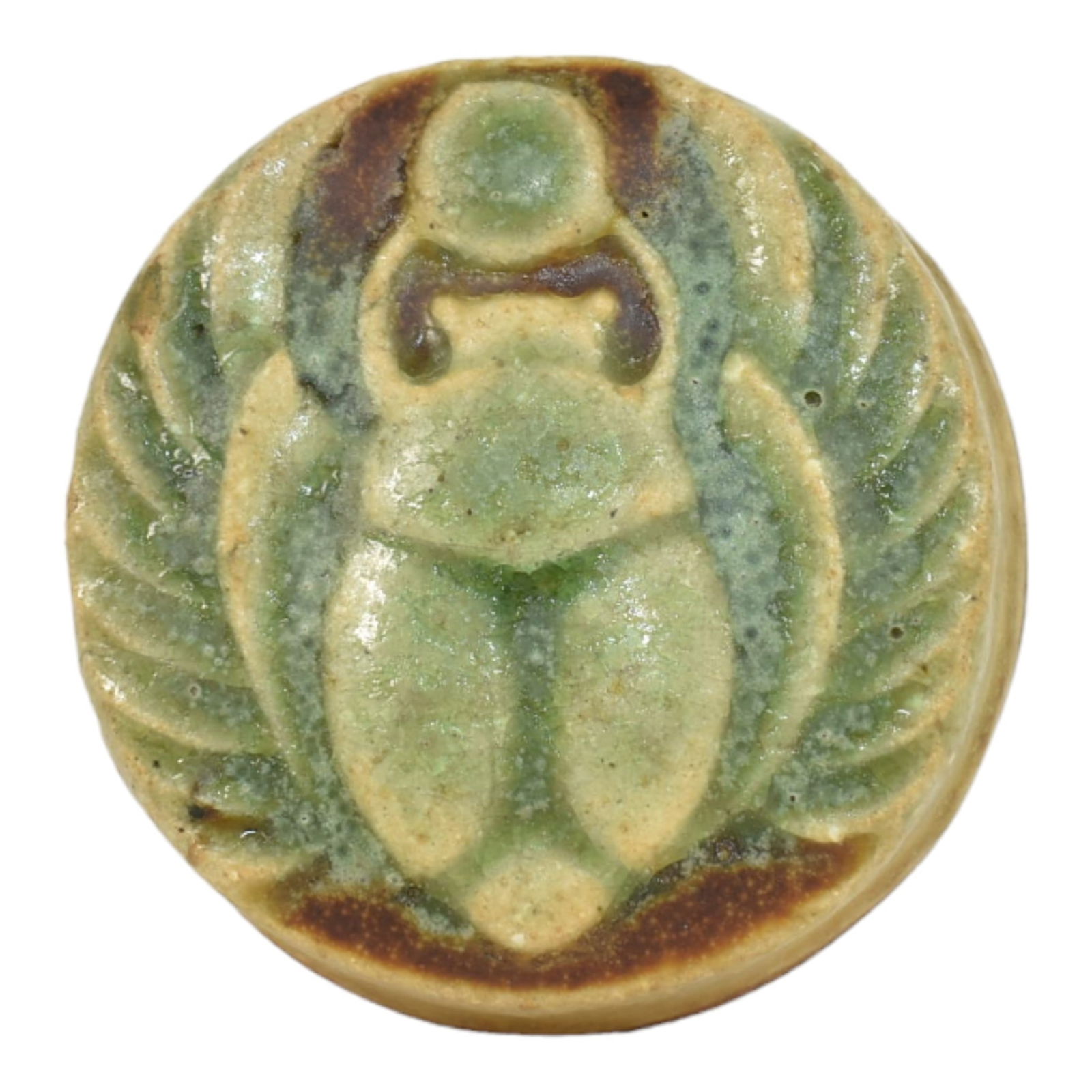 Grueby 1900s Arts and Crafts Pottery Matte Brown And Green Scarab Paperweight (1 of 6)