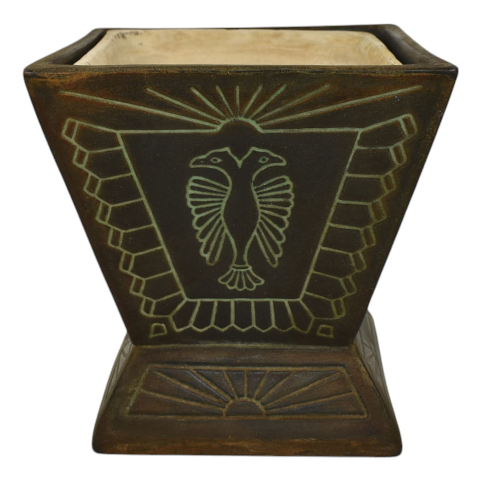 Norse 1900s Vintage Art Pottery Bronze Ware Brown Ceramic Incised Planter 95 (1 of 6)