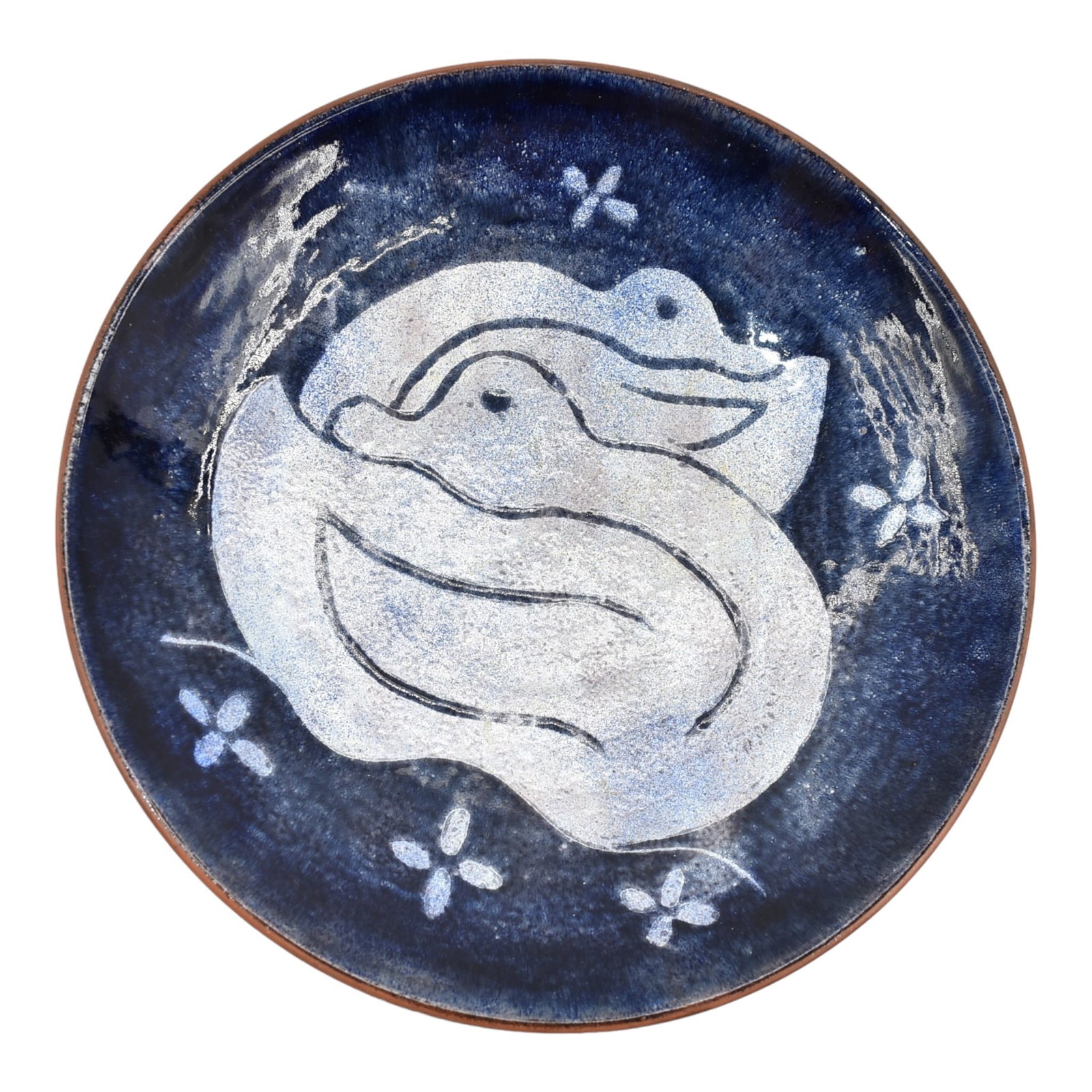 Scheier Vintage Studio Art Deco Pottery Long Necked Bird Large Charger: Spend $2000 in this auction and your shipping is free. Large and early Edwin and Mary Scheier Studio Pottery large charger decorated with long necked birds. Fabulous color and design. Excellent origin