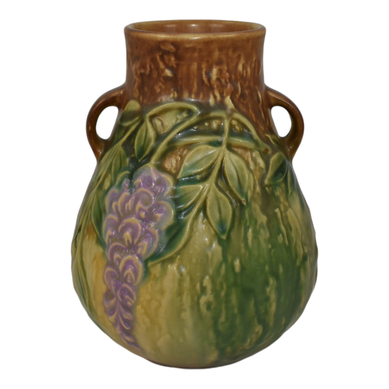Roseville Wisteria Tan 1933 Vintage Arts and Crafts Pottery Ceramic Vase 631-6: Spend $2000 in this auction and your shipping is free. Roseville Wisteria Tan 1933 Vintage Arts and Crafts Pottery Ceramic Vase 631-6 Handled vase with attractive decoration and color. Excellent condi