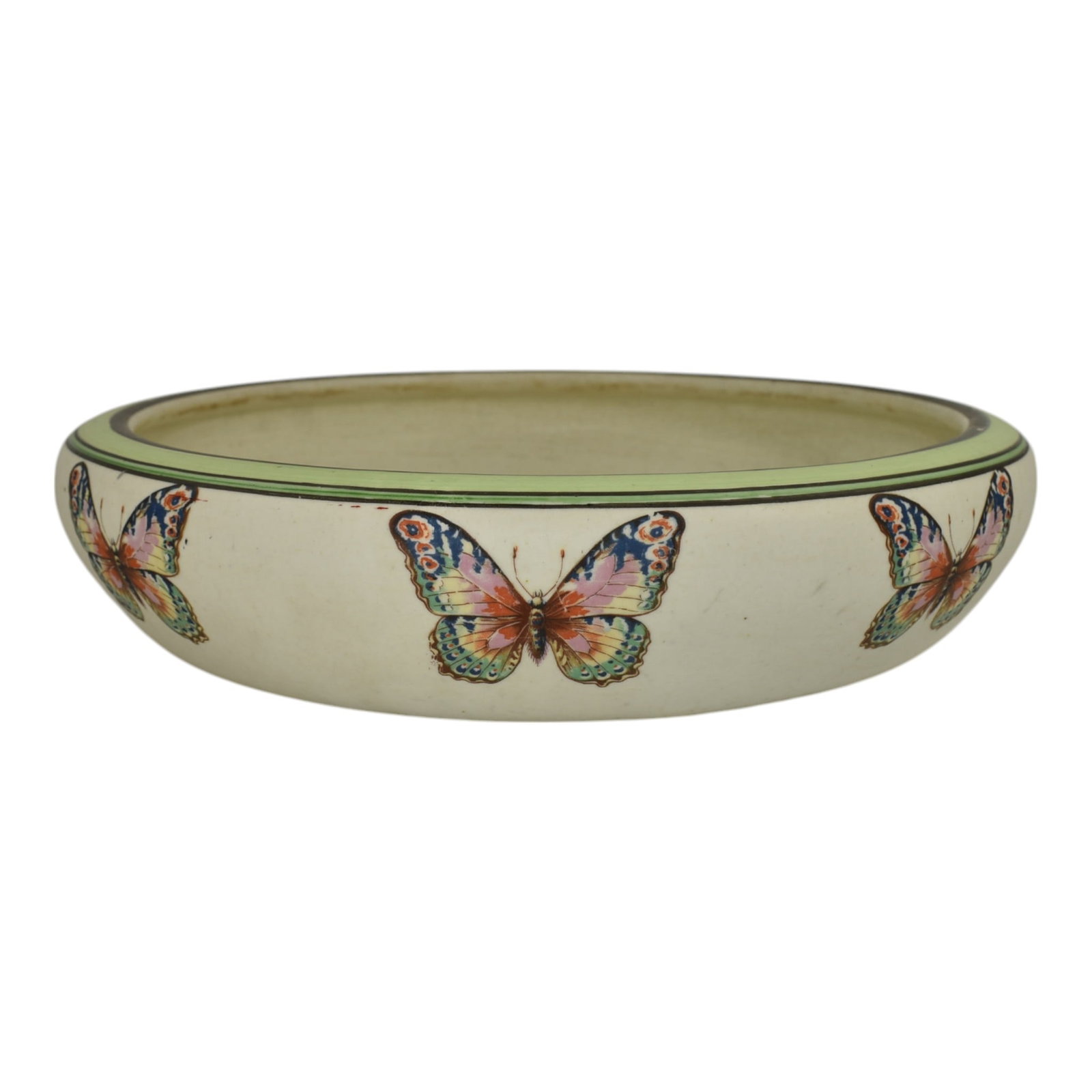 Roseville Creamware 1910 Vintage Art Deco Pottery Ceramic Butterfly Bowl: Spend $2000 in this auction and your shipping is free. Roseville Creamware 1910 Vintage Art Deco Pottery Ceramic Butterfly Bowl. Large and very rare Roseville creamware low bowl with butterfly decorat
