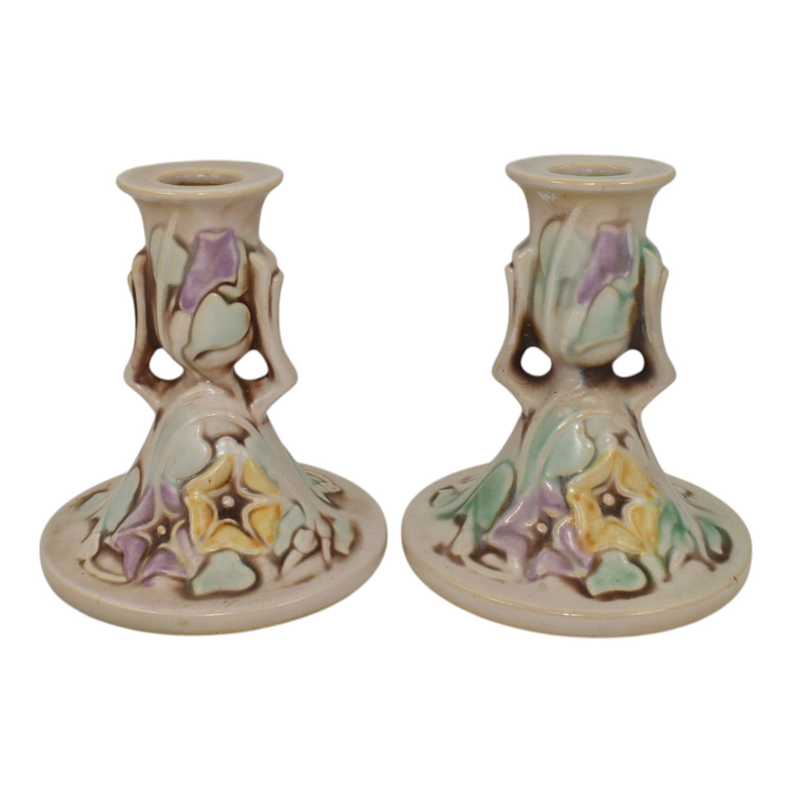 Roseville Morning Glory White 1935 Vintage Pottery Candle Holders 1102-4 (1 of 6)