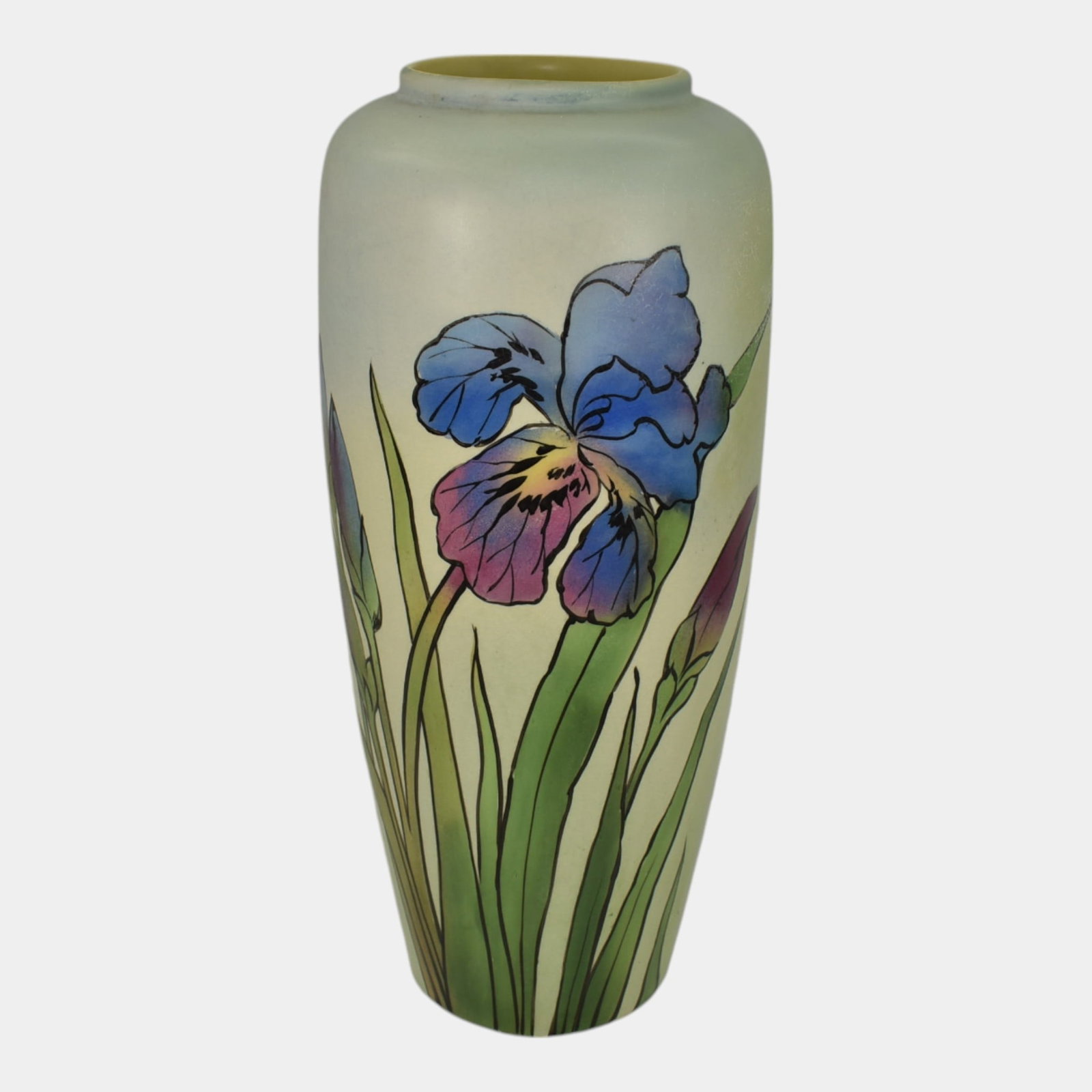 Weller Hudson Mineral Stain 1920s Vintage Art Pottery Blue Iris Vase: Spend $2000 in this auction and your shipping is free. Weller Hudson Mineral Stain 1920s Vintage Art Pottery Blue Iris Vase. Extremely rare and exquisitely vibrant Art Nouveau style vase featuring a h