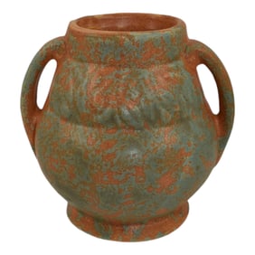 Burley Winter 1930s Vintage Arts Pottery Mottled Orange Handled Ceramic Vase 74